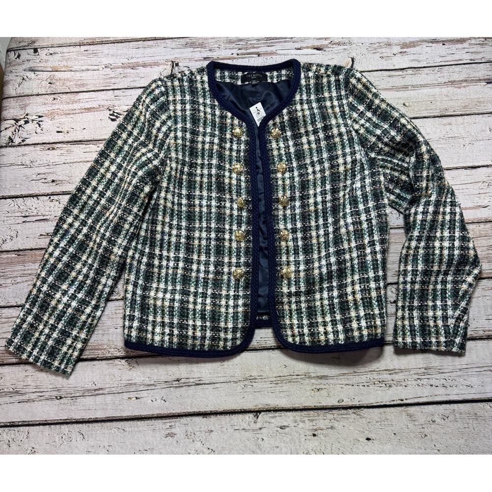 Talbots Tweed Jacket Blazer 16P Plaid Green Navy Multi Gold Old Money NWT